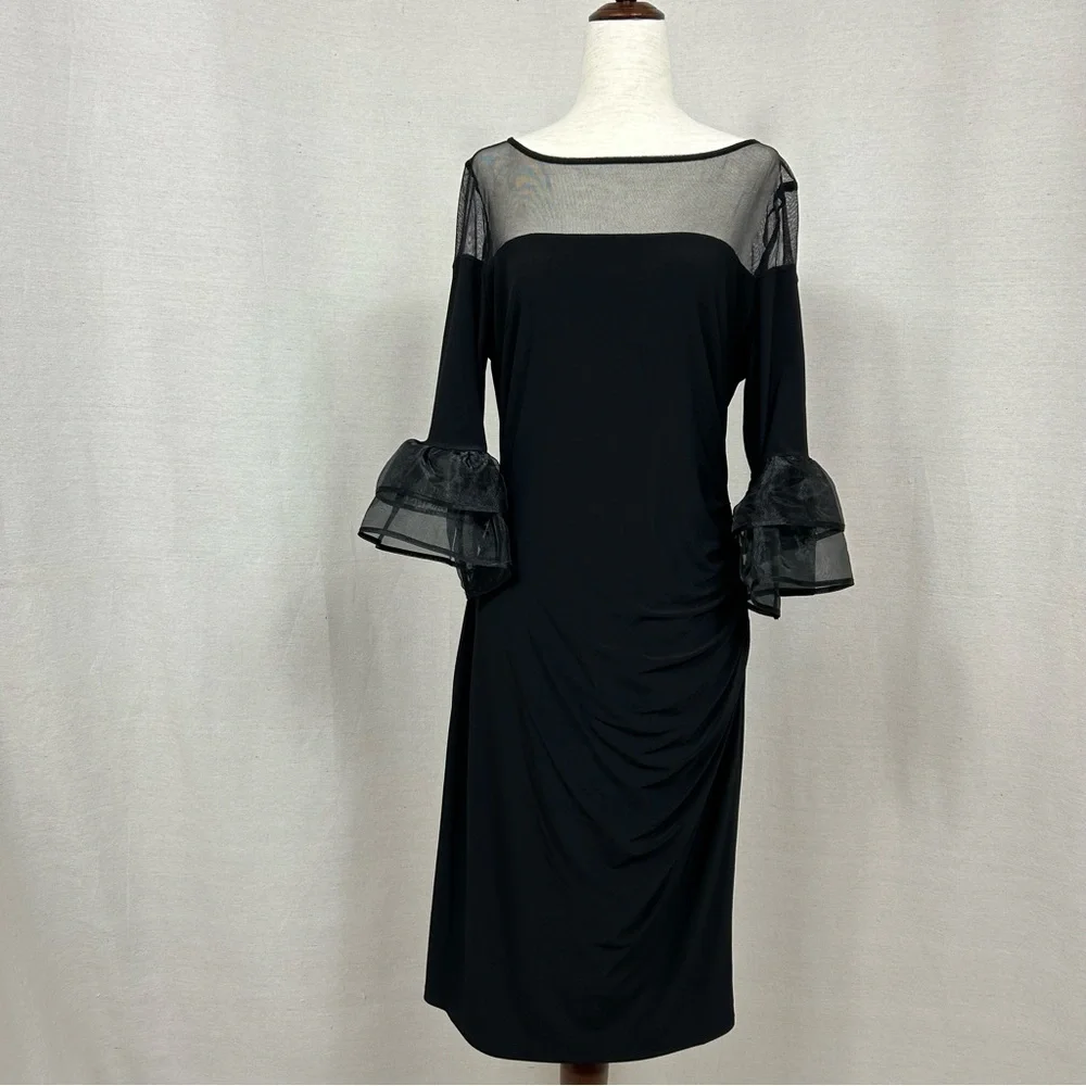 MARINA Black Illusion Yoke Bell Sleeve Sheath Dress Size 10